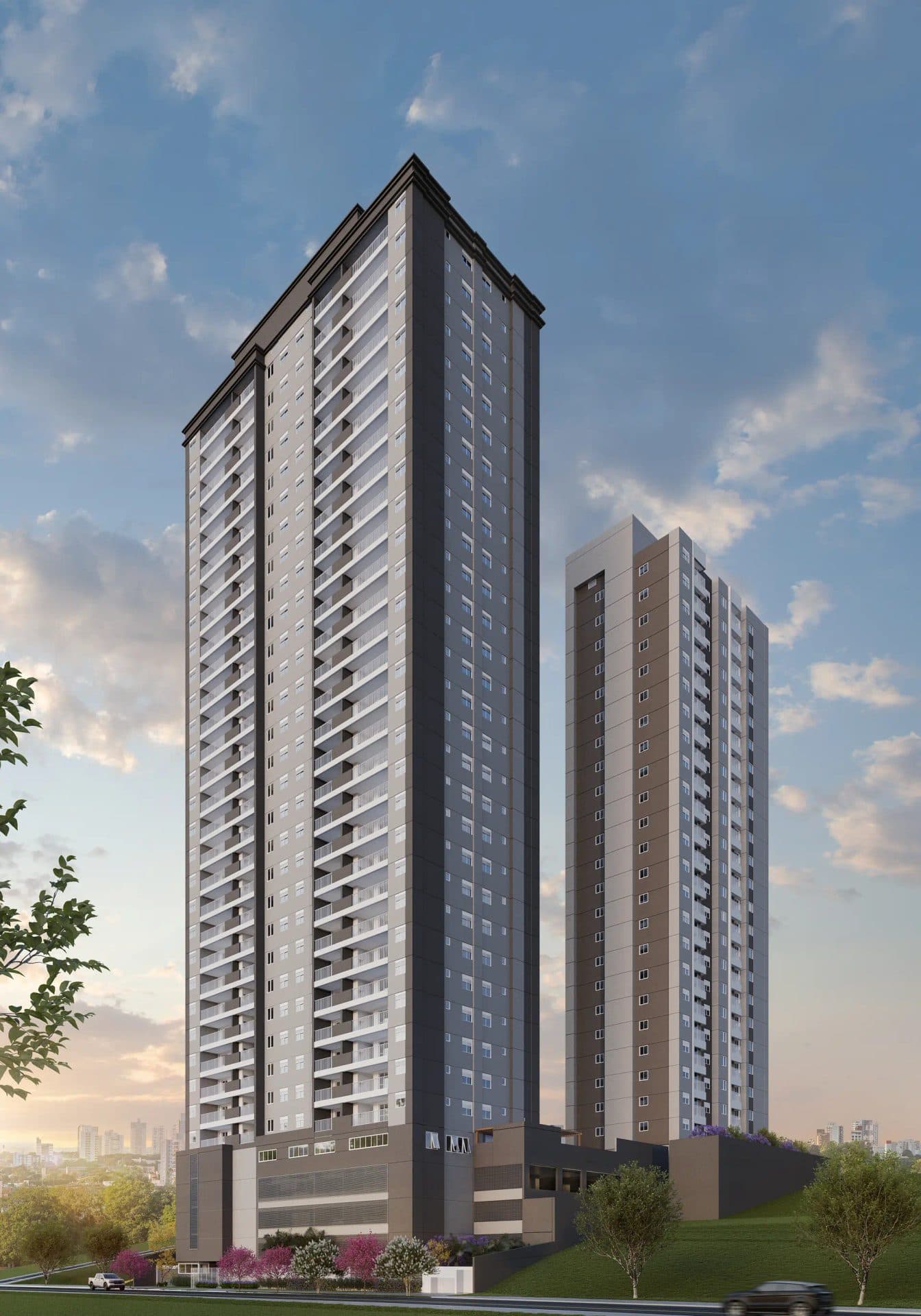 Fachada externa dos edifícios residenciais com varandas e amplas janelas sob céu azul