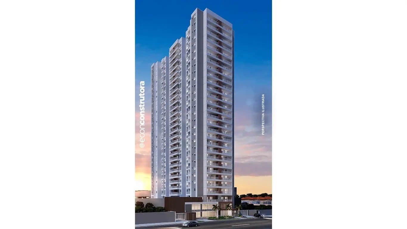 Perspectiva externa da fachada de edifício residencial alto com varandas.