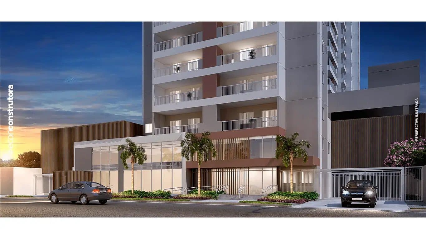 Fachada do edifício residencial com portaria e paisagismo.