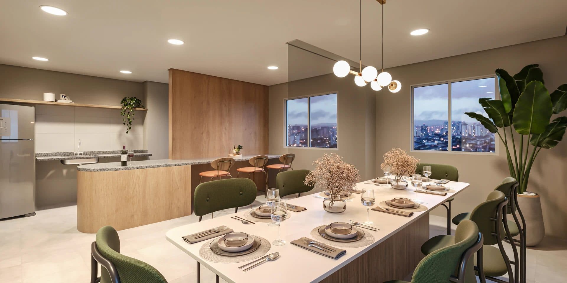Sala de jantar integrada com cozinha planejada, bancada em madeira e vista urbana.