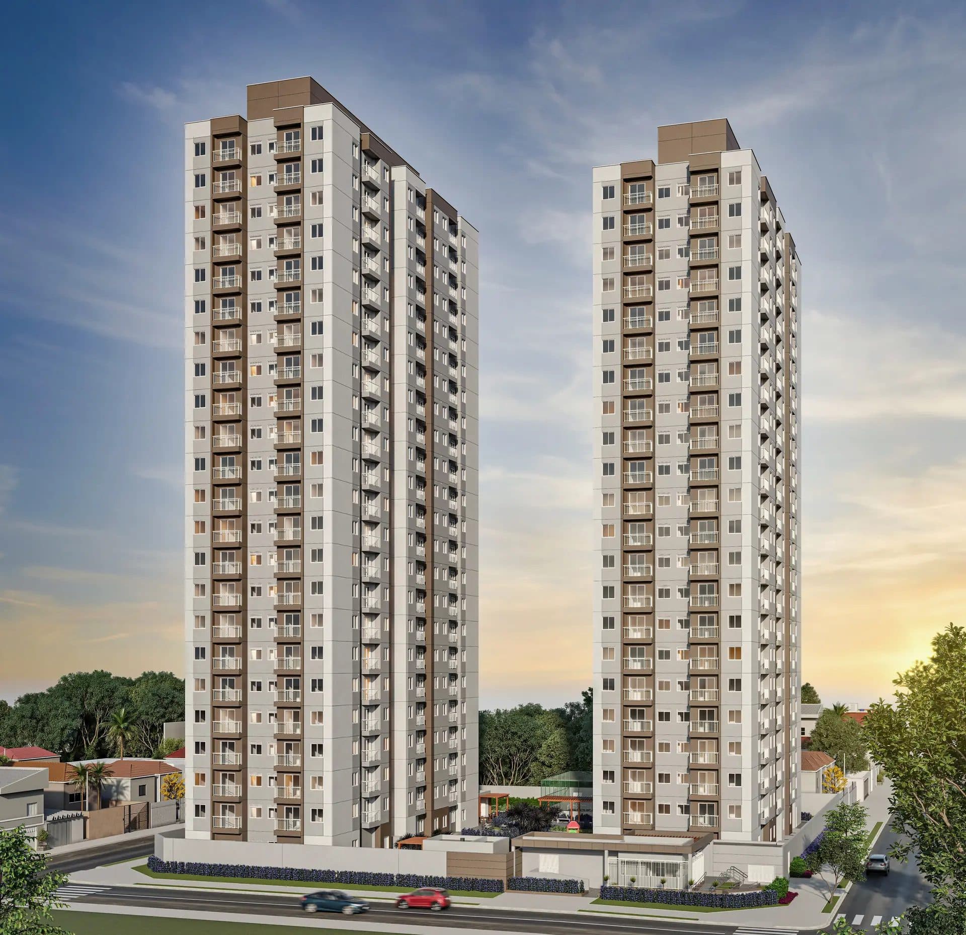 Fachada externa das duas torres residenciais com varandas e área arborizada.